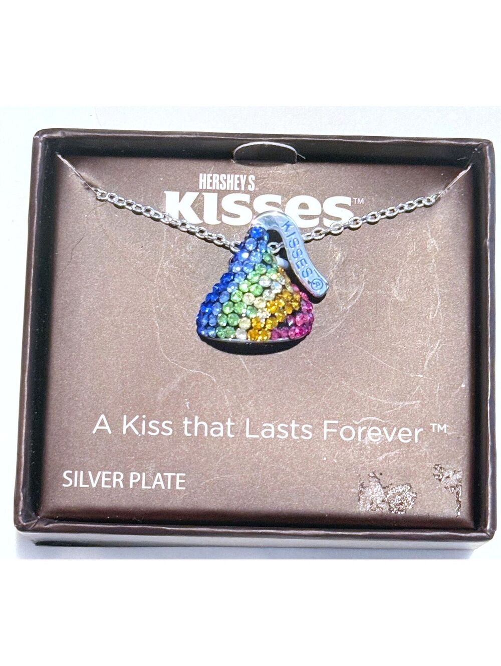 Rainbow Crystal Hershey's Kiss Necklace Silver Plated NWT